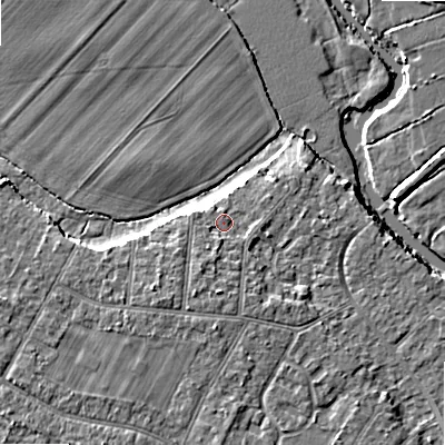 Shaded relief map of the ground around BH107AH, computed from Environment Agency LiDAR. The ground here sits at about 11 m above sea level and falls 7 m across the surrounding 800 m. Surface water reaching this point runs off ground lying to the south, 2.5 m higher.