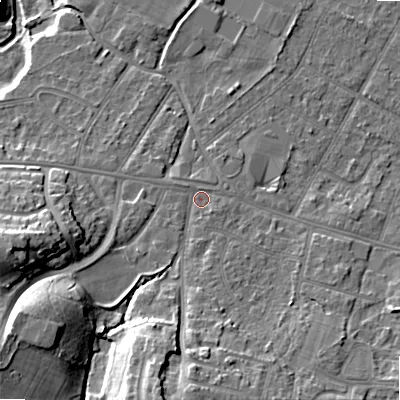 Shaded relief map of the ground around BH107AY, computed from Environment Agency LiDAR. The ground here sits at about 15 m above sea level and falls 19 m across the surrounding 800 m. Surface water reaching this point runs off ground lying to the south-south-west, 12.5 m higher.