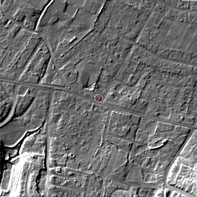 Shaded relief map of the ground around BH107AZ, computed from Environment Agency LiDAR. The ground here sits at about 14 m above sea level and falls 16 m across the surrounding 800 m. Surface water reaching this point runs off ground lying to the south-south-west, 14.1 m higher.