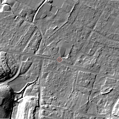 Shaded relief map of the ground around BH107BB, computed from Environment Agency LiDAR. The ground here sits at about 14 m above sea level and falls 18 m across the surrounding 800 m. Surface water reaching this point runs off ground lying to the south-south-west, 12.9 m higher.