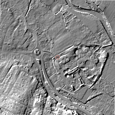 Shaded relief map of the ground around BH107BL, computed from Environment Agency LiDAR. The ground here sits at about 10 m above sea level and falls 27 m across the surrounding 800 m. Surface water reaching this point runs off ground lying to the east-north-east, 2.0 m higher.