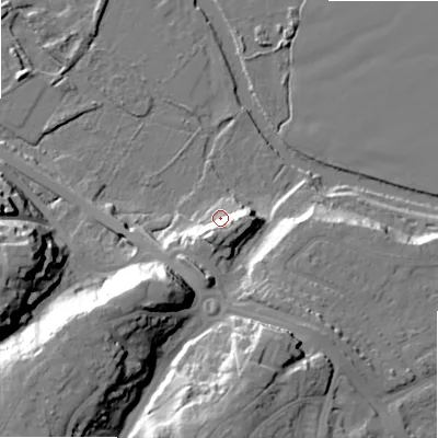 Shaded relief map of the ground around BH107BN, computed from Environment Agency LiDAR. The ground here sits at about 12 m above sea level and falls 30 m across the surrounding 800 m. Surface water reaching this point runs off ground lying to the south-south-west, 13.0 m higher.