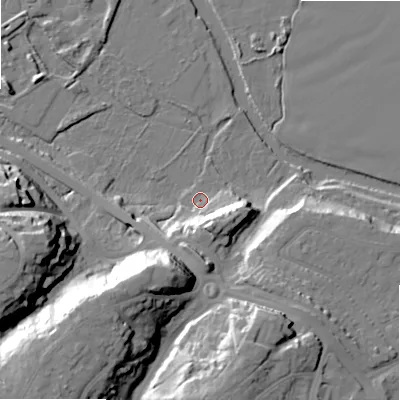Shaded relief map of the ground around BH107BW, computed from Environment Agency LiDAR. The ground here sits at about 9 m above sea level and falls 30 m across the surrounding 800 m. Surface water reaching this point runs off ground lying to the south-south-east, 14.0 m higher.