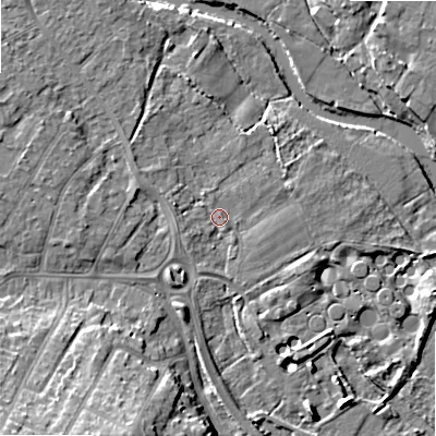 Shaded relief map of the ground around BH107DA, computed from Environment Agency LiDAR. The ground here sits at about 10 m above sea level and falls 17 m across the surrounding 800 m. Surface water reaching this point runs off ground lying to the west-south-west, 1.5 m higher.