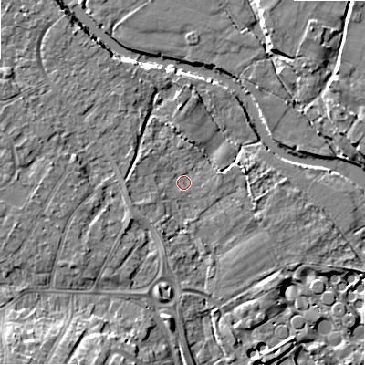 Shaded relief map of the ground around BH107DE, computed from Environment Agency LiDAR. The ground here sits at about 9 m above sea level and falls 11 m across the surrounding 800 m. Surface water reaching this point runs off ground lying to the south-south-west, 2.1 m higher.