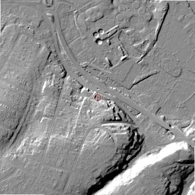 Shaded relief map of the ground around BH107DJ, computed from Environment Agency LiDAR. The ground here sits at about 16 m above sea level and falls 31 m across the surrounding 800 m. Surface water reaching this point runs off ground lying to the south-south-west, 23.7 m higher.