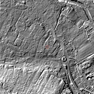 Shaded relief map of the ground around BH107DN, computed from Environment Agency LiDAR. The ground here sits at about 11 m above sea level and falls 22 m across the surrounding 800 m. Surface water reaching this point runs off ground lying to the south-west, 0.7 m higher.