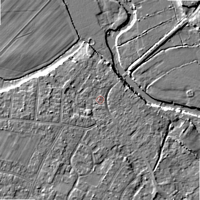 Shaded relief map of the ground around BH107DP, computed from Environment Agency LiDAR. The ground here sits at about 11 m above sea level and falls 7 m across the surrounding 800 m. Surface water reaching this point runs off ground lying to the west-south-west, 2.2 m higher.