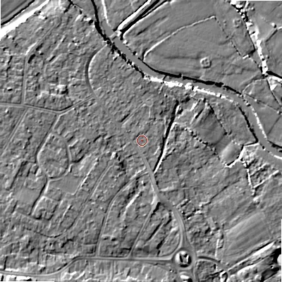 Shaded relief map of the ground around BH107DS, computed from Environment Agency LiDAR. The ground here sits at about 10 m above sea level and falls 8 m across the surrounding 800 m. Surface water reaching this point runs off ground lying to the south-west, 2.7 m higher.