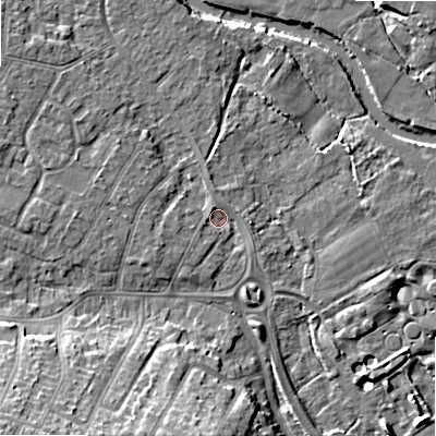 Shaded relief map of the ground around BH107DT, computed from Environment Agency LiDAR. The ground here sits at about 10 m above sea level and falls 18 m across the surrounding 800 m. Surface water reaching this point runs off ground lying to the south-west, 1.7 m higher.