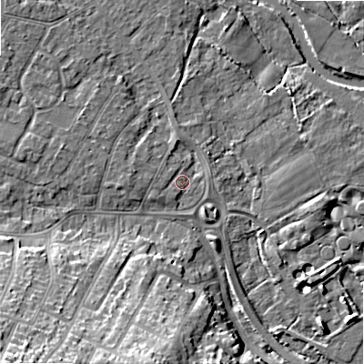 Shaded relief map of the ground around BH107DU, computed from Environment Agency LiDAR. The ground here sits at about 10 m above sea level and falls 24 m across the surrounding 800 m. Surface water reaching this point runs off ground lying to the south-west, 1.5 m higher.