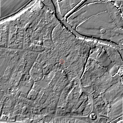 Shaded relief map of the ground around BH107DW, computed from Environment Agency LiDAR. The ground here sits at about 10 m above sea level and falls 8 m across the surrounding 800 m. Surface water reaching this point runs off ground lying to the south-west, 2.7 m higher.