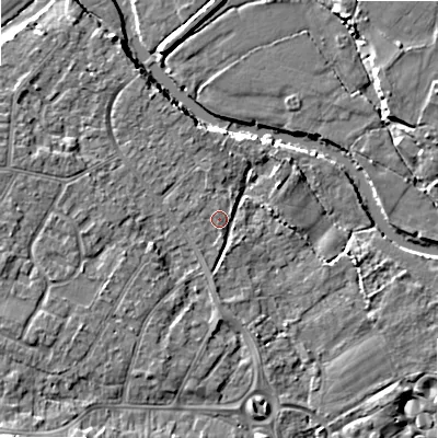 Shaded relief map of the ground around BH107DX, computed from Environment Agency LiDAR. The ground here sits at about 11 m above sea level and falls 7 m across the surrounding 800 m. Surface water reaching this point runs off ground lying to the west-south-west, 2.9 m higher.