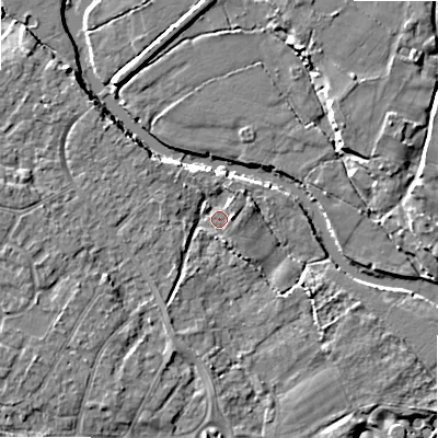 Shaded relief map of the ground around BH107DY, computed from Environment Agency LiDAR. The ground here sits at about 10 m above sea level and falls 7 m across the surrounding 800 m. Surface water reaching this point runs off ground lying to the east, 1.6 m higher.