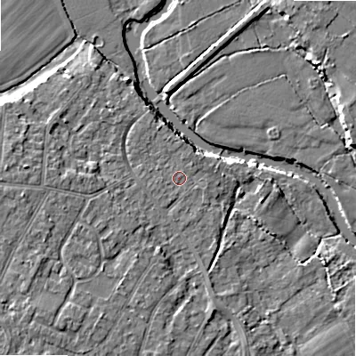 Shaded relief map of the ground around BH107DZ, computed from Environment Agency LiDAR. The ground here sits at about 11 m above sea level and falls 7 m across the surrounding 800 m. Surface water reaching this point runs off ground lying to the north, 1.0 m higher.