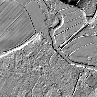 Shaded relief map of the ground around BH107EA, computed from Environment Agency LiDAR. The ground here sits at about 11 m above sea level and falls 12 m across the surrounding 800 m. Surface water reaching this point runs off ground lying to the south-south-west, 0.9 m higher.