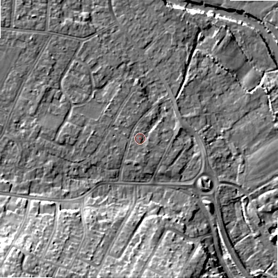 Shaded relief map of the ground around BH107ED, computed from Environment Agency LiDAR. The ground here sits at about 12 m above sea level and falls 22 m across the surrounding 800 m. Surface water reaching this point runs off ground lying to the west, 0.9 m higher.