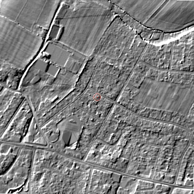 Shaded relief map of the ground around BH107HE, computed from Environment Agency LiDAR. The ground here sits at about 13 m above sea level and falls 9 m across the surrounding 800 m. Surface water reaching this point runs off ground lying to the south, 0.6 m higher.