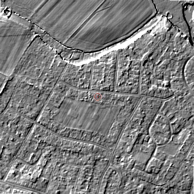 Shaded relief map of the ground around BH107HG, computed from Environment Agency LiDAR. The ground here sits at about 12 m above sea level and falls 9 m across the surrounding 800 m. Surface water reaching this point runs off ground lying to the north-east, 0.7 m higher.