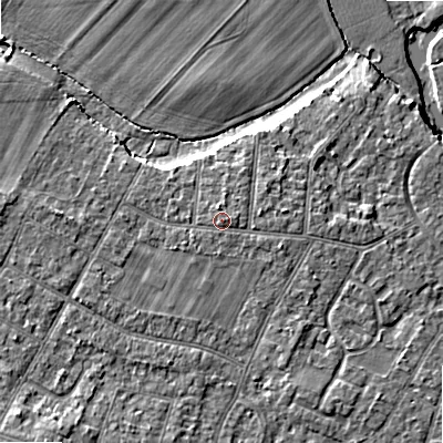 Shaded relief map of the ground around BH107HH, computed from Environment Agency LiDAR. The ground here sits at about 13 m above sea level and falls 8 m across the surrounding 800 m. Surface water reaching this point runs off ground lying to the east-north-east, 0.7 m higher.