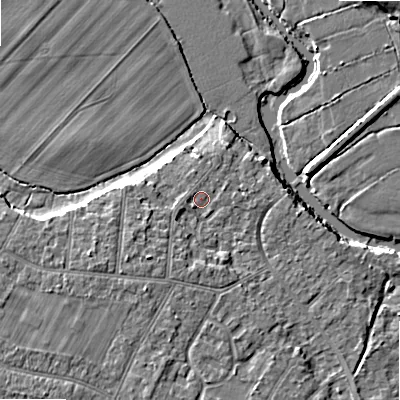 Shaded relief map of the ground around BH107HL, computed from Environment Agency LiDAR. The ground here sits at about 11 m above sea level and falls 7 m across the surrounding 800 m. Surface water reaching this point runs off ground lying to the south-south-west, 2.2 m higher.