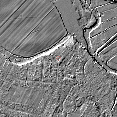 Shaded relief map of the ground around BH107HN, computed from Environment Agency LiDAR. The ground here sits at about 11 m above sea level and falls 7 m across the surrounding 800 m. Surface water reaching this point runs off ground lying to the south-south-west, 2.5 m higher.