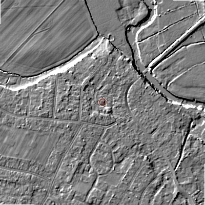 Shaded relief map of the ground around BH107HU, computed from Environment Agency LiDAR. The ground here sits at about 11 m above sea level and falls 7 m across the surrounding 800 m. Surface water reaching this point runs off ground lying to the south-west, 2.2 m higher.