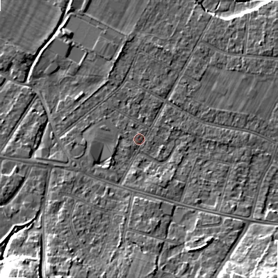 Shaded relief map of the ground around BH107JB, computed from Environment Agency LiDAR. The ground here sits at about 13 m above sea level and falls 16 m across the surrounding 800 m. Surface water reaching this point runs off ground lying to the south-west, 1.8 m higher.