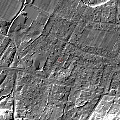 Shaded relief map of the ground around BH107JD, computed from Environment Agency LiDAR. The ground here sits at about 13 m above sea level and falls 16 m across the surrounding 800 m. Surface water reaching this point runs off ground lying to the west-south-west, 1.1 m higher.