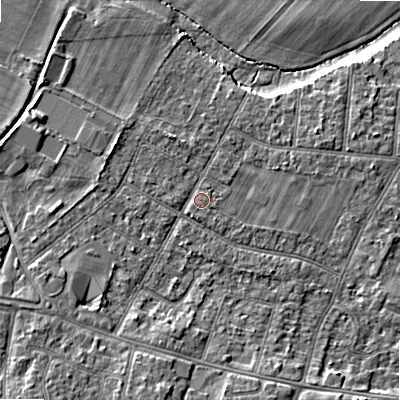 Shaded relief map of the ground around BH107JE, computed from Environment Agency LiDAR. The ground here sits at about 12 m above sea level and falls 8 m across the surrounding 800 m. Surface water reaching this point runs off ground lying to the west-south-west, 0.9 m higher.