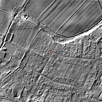 Shaded relief map of the ground around BH107JF, computed from Environment Agency LiDAR. The ground here sits at about 12 m above sea level and falls 7 m across the surrounding 800 m. Surface water reaching this point runs off ground lying to the west, 1.7 m higher.