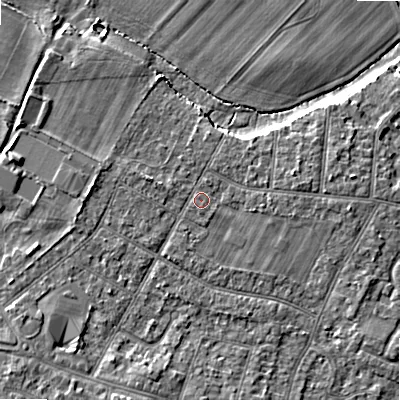 Shaded relief map of the ground around BH107JG, computed from Environment Agency LiDAR. The ground here sits at about 12 m above sea level and falls 7 m across the surrounding 800 m. Surface water reaching this point runs off ground lying to the west, 1.6 m higher.