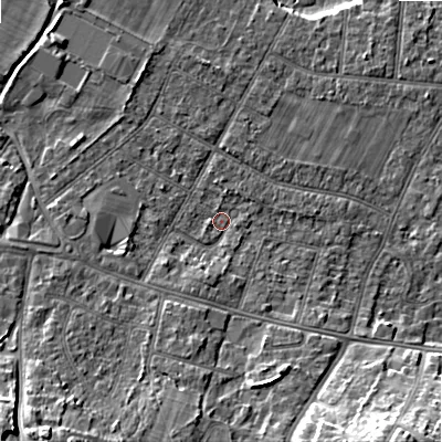 Shaded relief map of the ground around BH107JH, computed from Environment Agency LiDAR. The ground here sits at about 12 m above sea level and falls 17 m across the surrounding 800 m. Surface water reaching this point runs off ground lying to the south-west, 13.7 m higher.