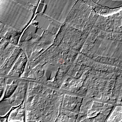 Shaded relief map of the ground around BH107JJ, computed from Environment Agency LiDAR. The ground here sits at about 13 m above sea level and falls 13 m across the surrounding 800 m. Surface water reaching this point runs off ground lying to the west, 0.9 m higher.