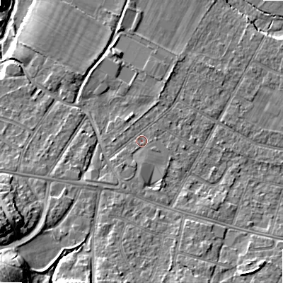 Shaded relief map of the ground around BH107JN, computed from Environment Agency LiDAR. The ground here sits at about 13 m above sea level and falls 18 m across the surrounding 800 m. Surface water reaching this point runs off ground lying to the south-south-west, 1.6 m higher.