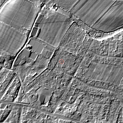 Shaded relief map of the ground around BH107JP, computed from Environment Agency LiDAR. The ground here sits at about 13 m above sea level and falls 8 m across the surrounding 800 m. Surface water reaching this point runs off ground lying to the north-west, 1.2 m higher.