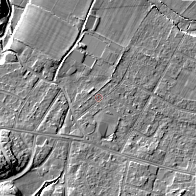 Shaded relief map of the ground around BH107JR, computed from Environment Agency LiDAR. The ground here sits at about 13 m above sea level and falls 17 m across the surrounding 800 m. Surface water reaching this point runs off ground lying to the south-south-west, 1.7 m higher.