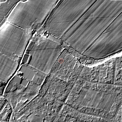 Shaded relief map of the ground around BH107JU, computed from Environment Agency LiDAR. The ground here sits at about 12 m above sea level and falls 7 m across the surrounding 800 m. The ground contributing surface water to this point lies to the south-west.