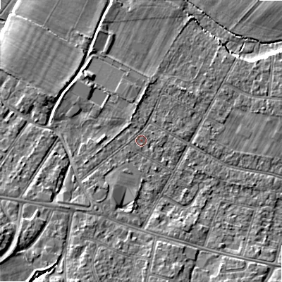 Shaded relief map of the ground around BH107JW, computed from Environment Agency LiDAR. The ground here sits at about 13 m above sea level and falls 10 m across the surrounding 800 m. Surface water reaching this point runs off ground lying to the south-south-west, 2.4 m higher.