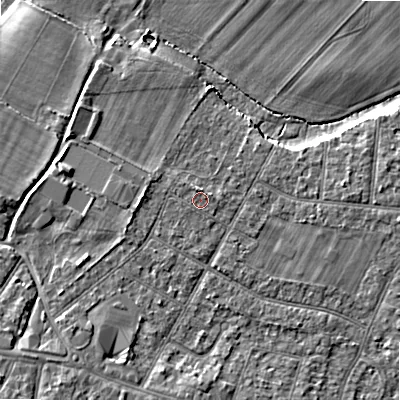 Shaded relief map of the ground around BH107JY, computed from Environment Agency LiDAR. The ground here sits at about 13 m above sea level and falls 7 m across the surrounding 800 m. Surface water reaching this point runs off ground lying to the north-north-west, 0.9 m higher.
