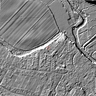 Shaded relief map of the ground around BH107LA, computed from Environment Agency LiDAR. The ground here sits at about 11 m above sea level and falls 10 m across the surrounding 800 m. Surface water reaching this point runs off ground lying to the south, 3.1 m higher.