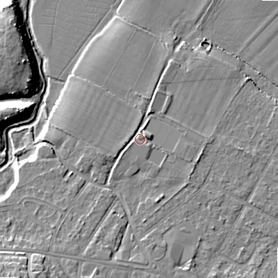 Shaded relief map of the ground around BH107LF, computed from Environment Agency LiDAR. The ground here sits at about 13 m above sea level and falls 13 m across the surrounding 800 m. Surface water reaching this point runs off ground lying to the east-north-east, 2.4 m higher.