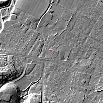 Shaded relief map of the ground around BH107LG, computed from Environment Agency LiDAR. The ground here sits at about 14 m above sea level and falls 18 m across the surrounding 800 m. Surface water reaching this point runs off ground lying to the south-west, 1.6 m higher.