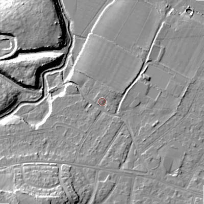 Shaded relief map of the ground around BH107LJ, computed from Environment Agency LiDAR. The ground here sits at about 13 m above sea level and falls 19 m across the surrounding 800 m. Surface water reaching this point runs off ground lying to the north-east, 1.2 m higher.