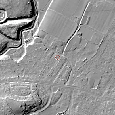 Shaded relief map of the ground around BH107LL, computed from Environment Agency LiDAR. The ground here sits at about 14 m above sea level and falls 19 m across the surrounding 800 m. Surface water reaching this point runs off ground lying to the south-south-west, 1.9 m higher.