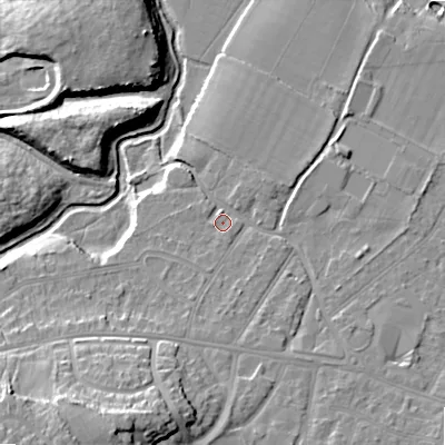 Shaded relief map of the ground around BH107LN, computed from Environment Agency LiDAR. The ground here sits at about 13 m above sea level and falls 19 m across the surrounding 800 m. Surface water reaching this point runs off ground lying to the south-south-west, 14.6 m higher.