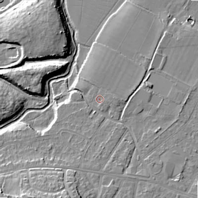 Shaded relief map of the ground around BH107LP, computed from Environment Agency LiDAR. The ground here sits at about 13 m above sea level and falls 18 m across the surrounding 800 m. Surface water reaching this point runs off ground lying to the east, 1.2 m higher.
