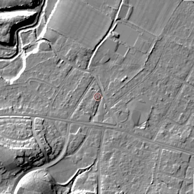 Shaded relief map of the ground around BH107LQ, computed from Environment Agency LiDAR. The ground here sits at about 14 m above sea level and falls 19 m across the surrounding 800 m. Surface water reaching this point runs off ground lying to the south, 2.2 m higher.