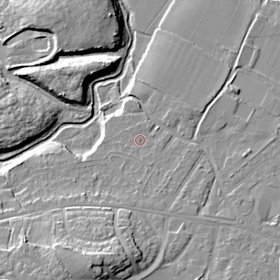 Shaded relief map of the ground around BH107LW, computed from Environment Agency LiDAR. The ground here sits at about 13 m above sea level and falls 20 m across the surrounding 800 m. Surface water reaching this point runs off ground lying to the south-south-east, 0.9 m higher.