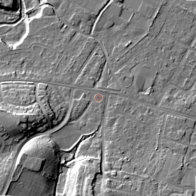 Shaded relief map of the ground around BH119AA, computed from Environment Agency LiDAR. The ground here sits at about 15 m above sea level and falls 20 m across the surrounding 800 m. Surface water reaching this point runs off ground lying to the south-west, 10.5 m higher.